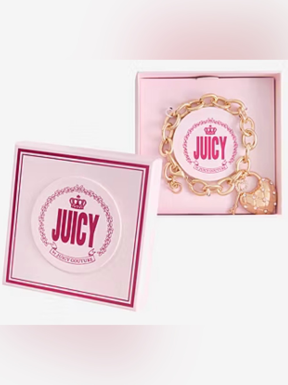 Juicy By Juicy Couture NWT Gold Tone Pad Lock Crystal Heart Keys Charm Bracelet